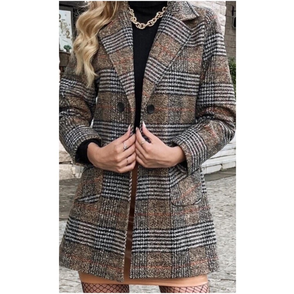 Classic Plaid Print Button Pockets Coat Jacket - Picture 3 of 12
